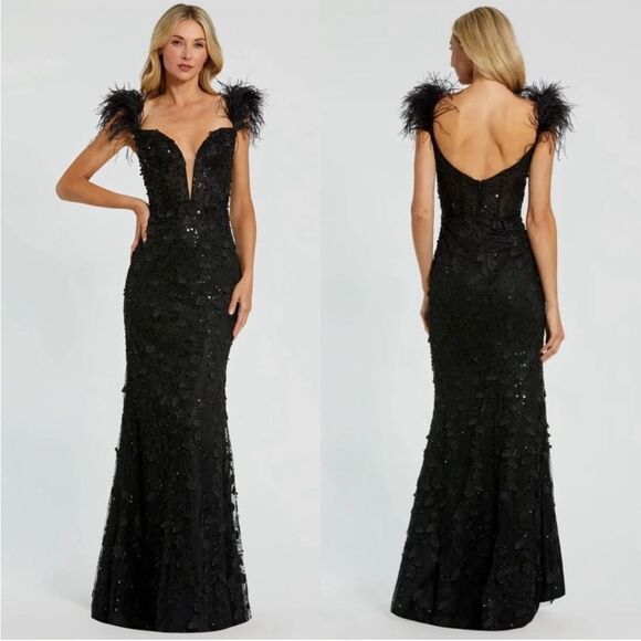 Mac Duggal 20889 Sheer Applique Bustier Feather Strap Gown Size 2 NWT Black - Picture 1 of 8